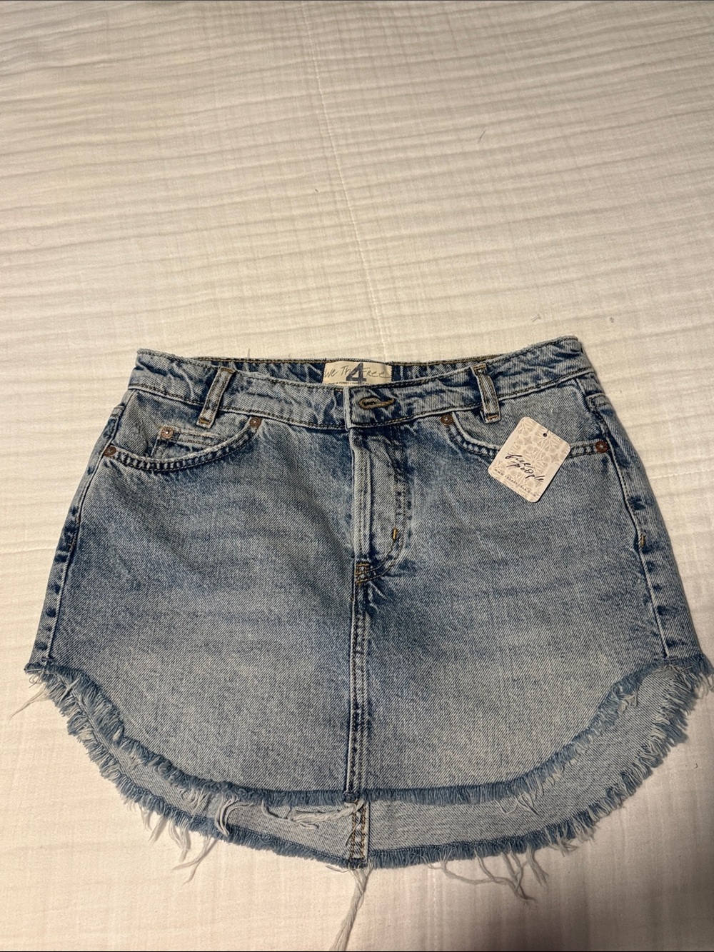Free People We The Free Light Blue Denim Mini Skirt with Distressed Hem